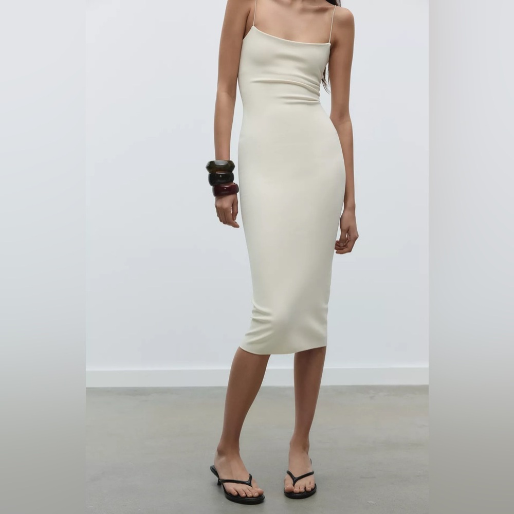 Zara Oyster White Stretch Midi Dress - Picture 9 of 13